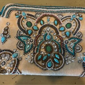 Embellished Cream and Turquoise Clutch